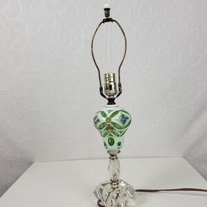 VTG Berger Bohemian Milk Glass Lamp 21" Green Cut To Clear Floral Crystal Base